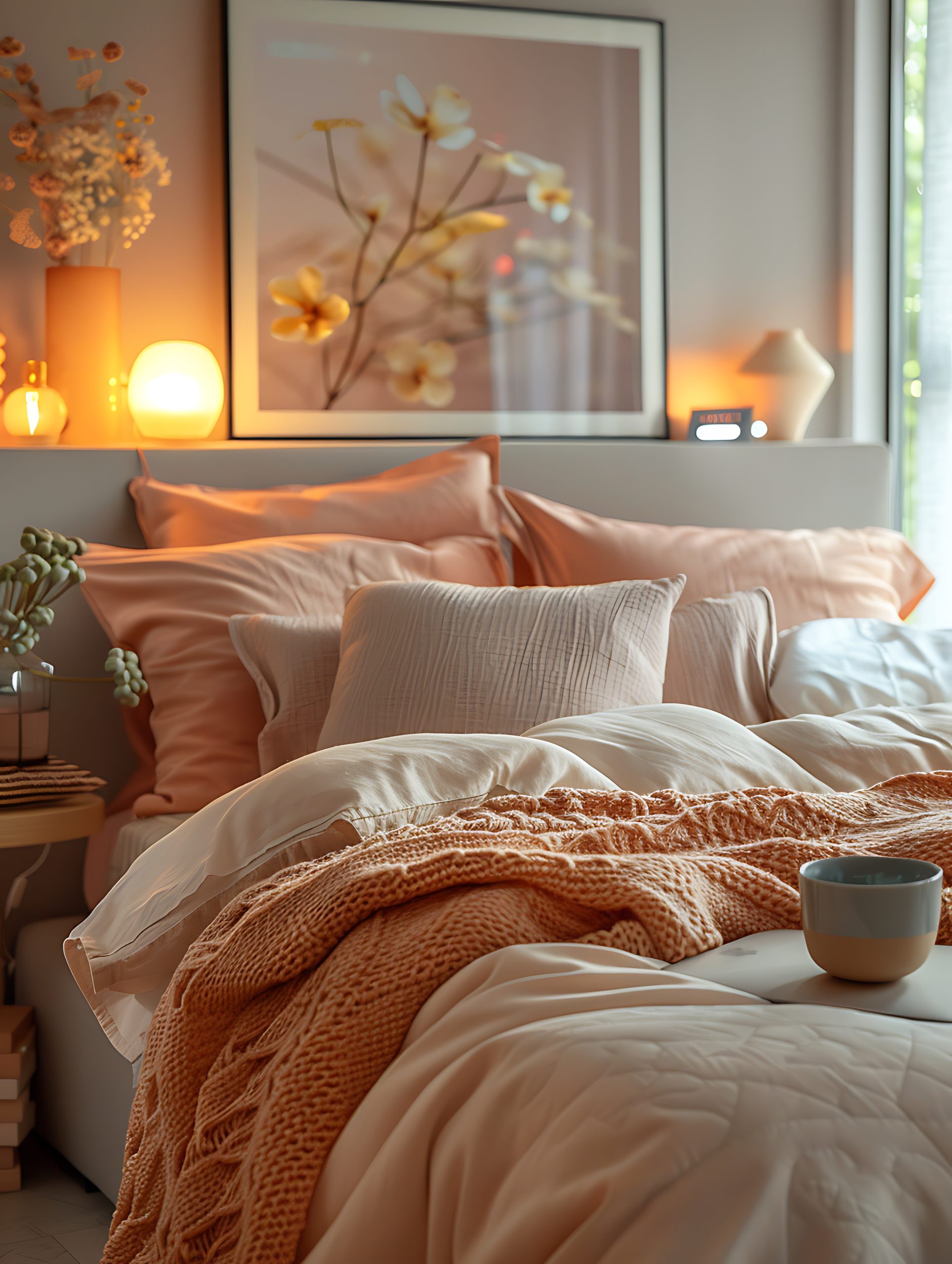 Chambre à coucher avec une décoration chaleureuse, des tons pêche, un plaid en maille et un éclairage tamisé