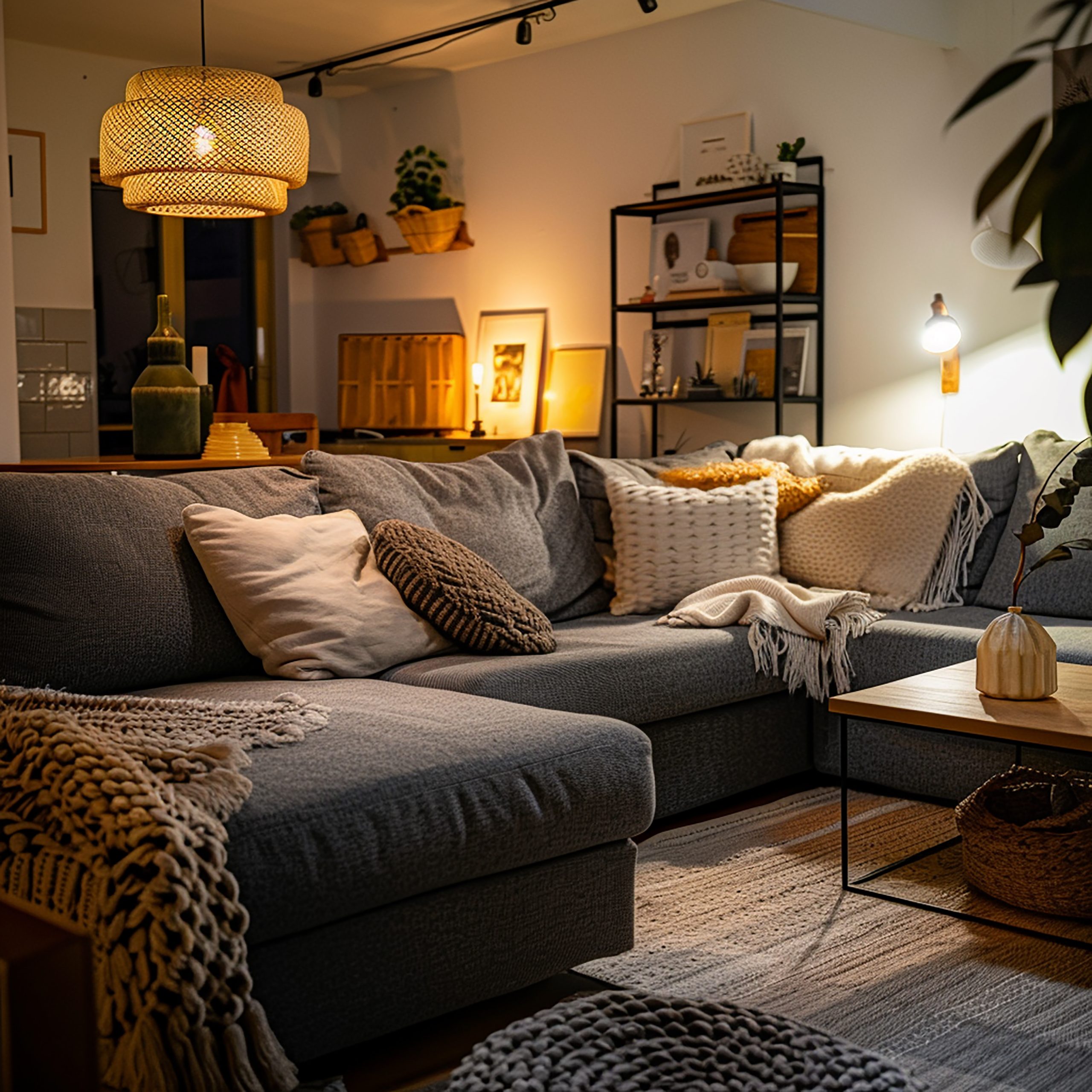 Salon moderne avec un grand canapé gris, une suspension en osier et une décoration chaleureuse