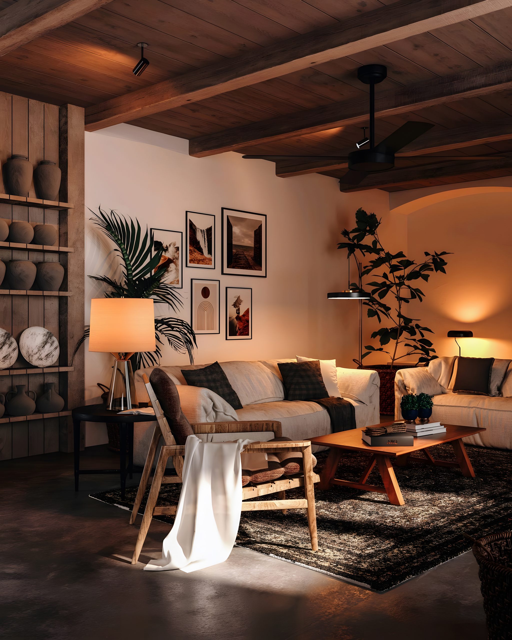 Salon lumineux avec décoration chaleureuse, poutres en bois, canapés beiges et éclairage doux