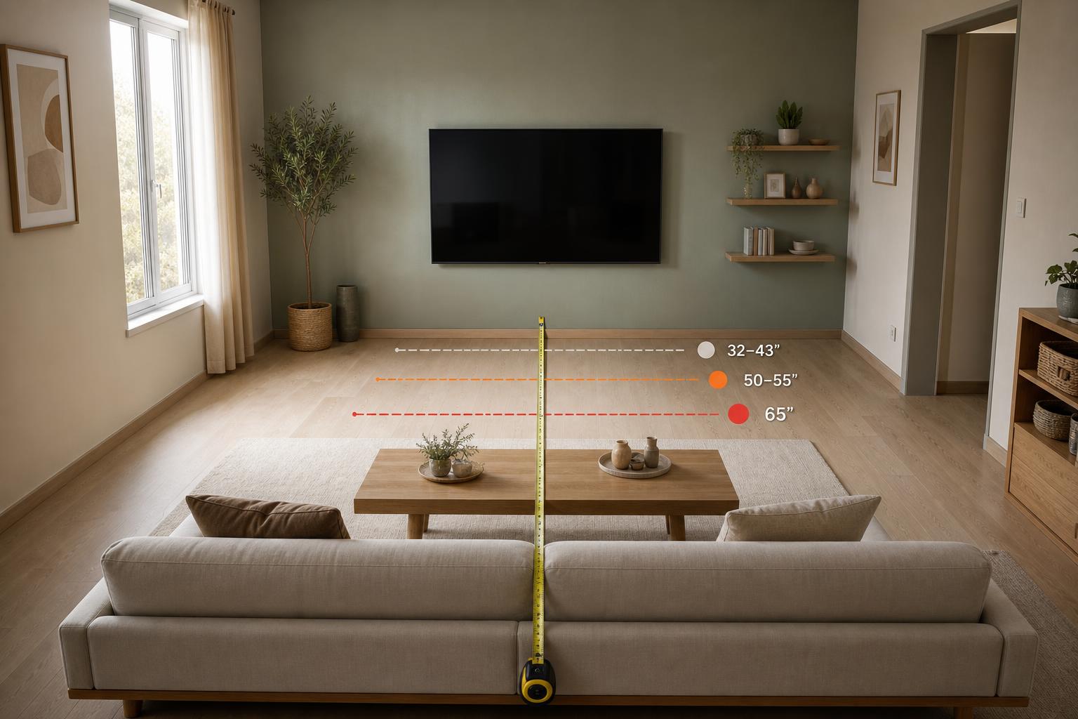 Salon beige et vert mesurant la distance entre tv et canapé selon la taille d'écran