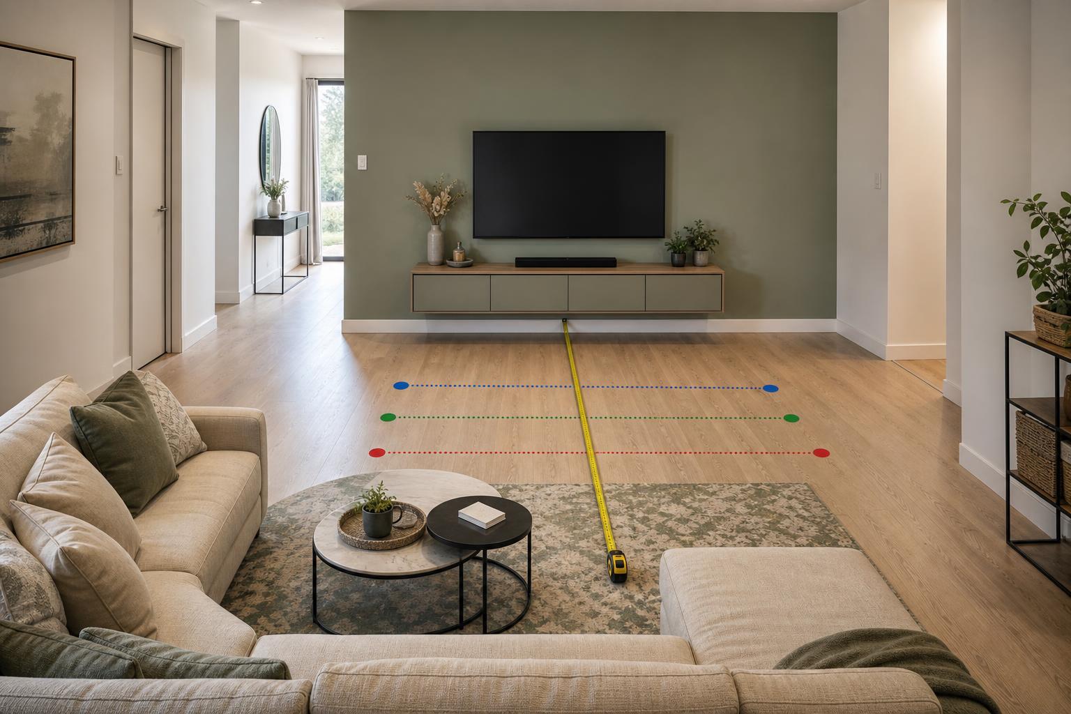 Salon moderne avec un ruban à mesurer indiquant la distance entre TV et canapé
