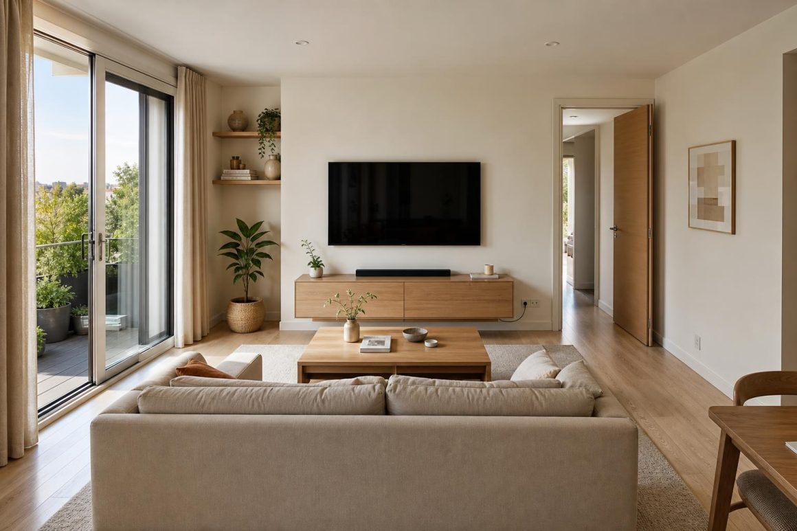 Salon lumineux avec canapé beige face à un meuble TV en bois suspendu