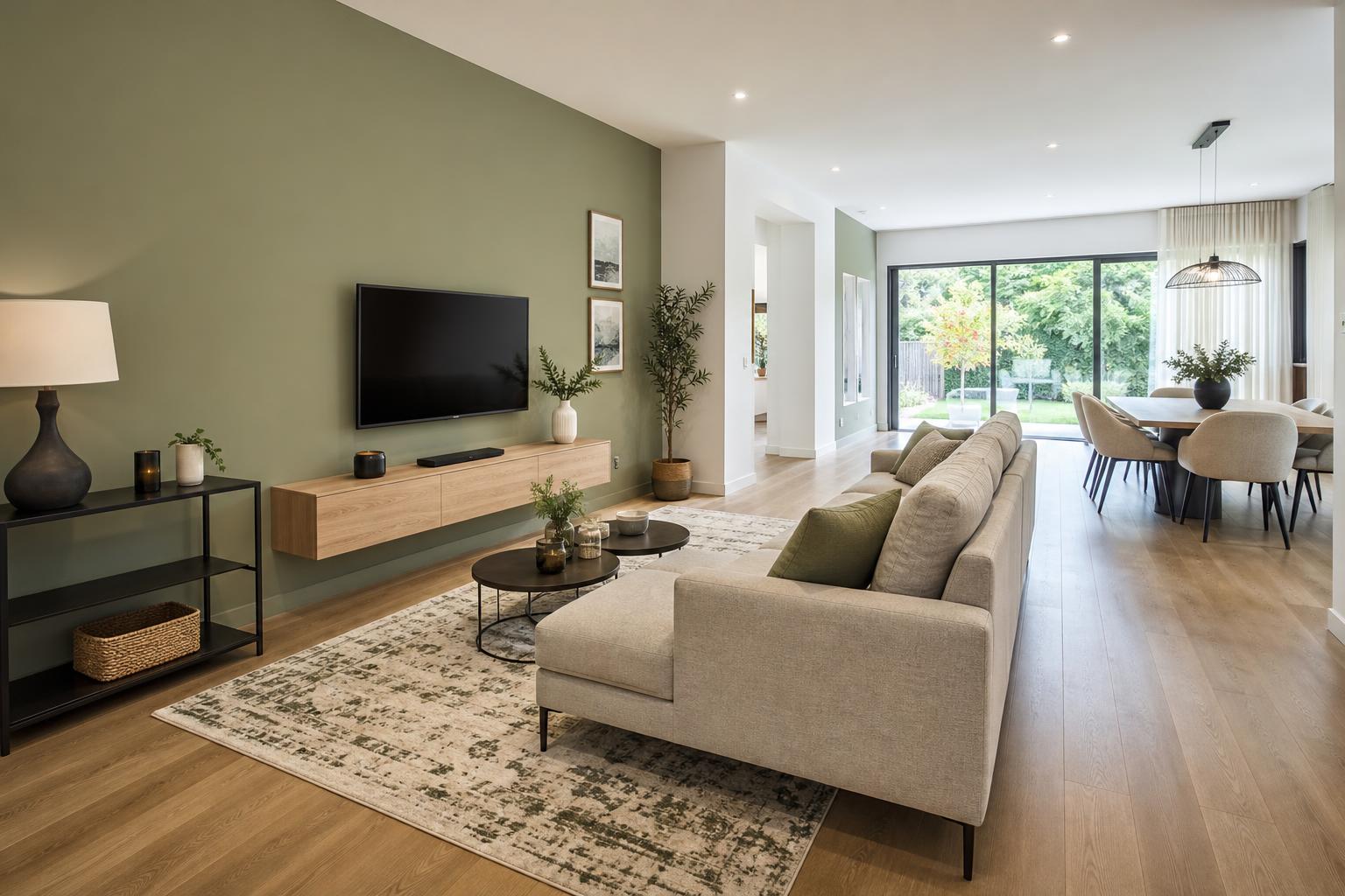 Salon moderne avec mur vert, canapé beige clair et distance entre tv et canapé optimisée