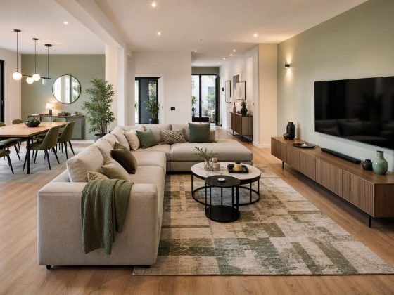 Grand salon lumineux avec une distance entre TV et canapé adaptée pour le visionnage