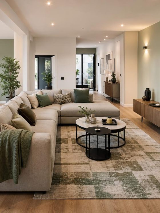 Grand salon lumineux avec une distance entre TV et canapé adaptée pour le visionnage