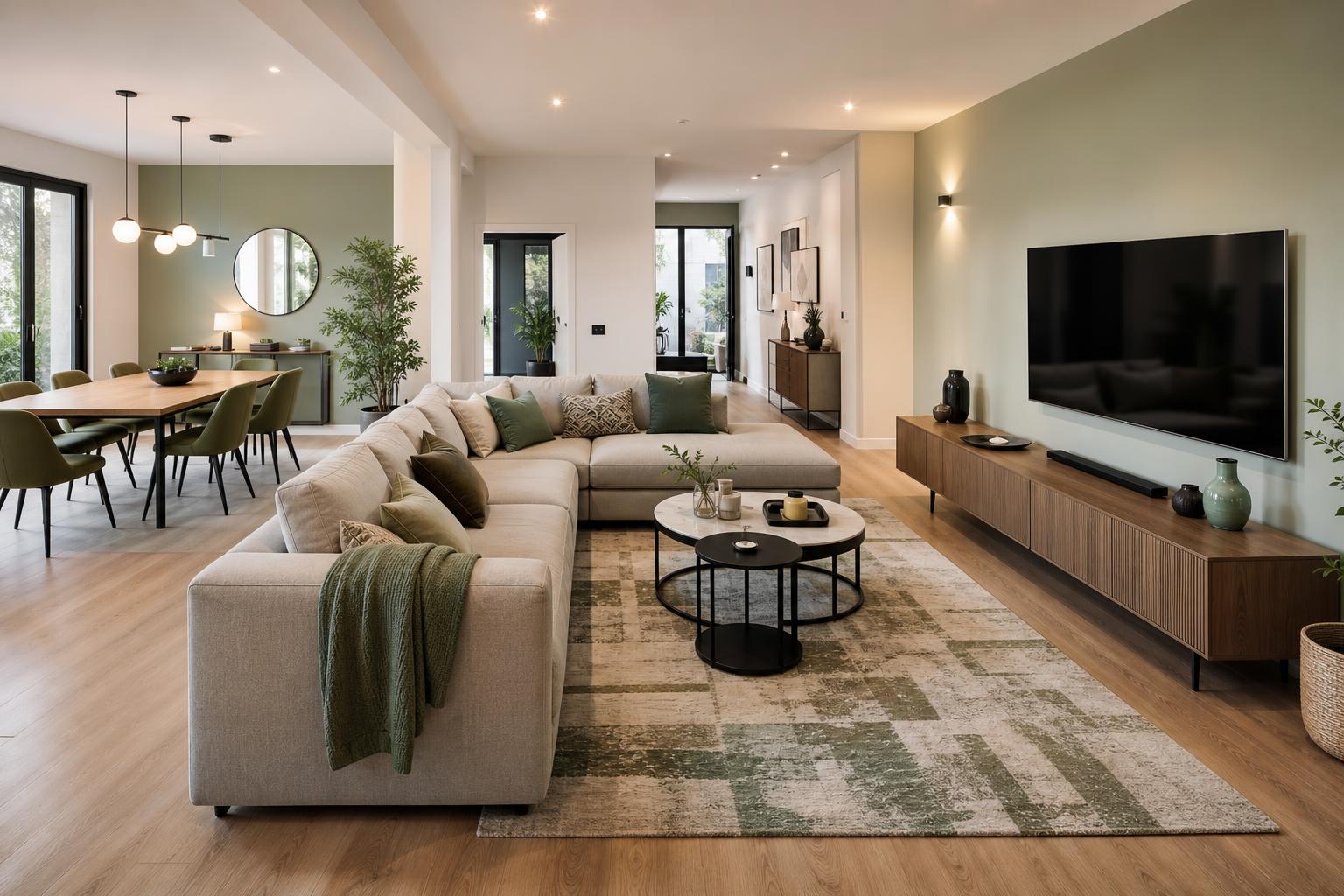 Grand salon lumineux avec une distance entre TV et canapé adaptée pour le visionnage