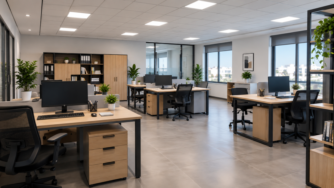 Open-space moderne avec dalles lumineuses carrées au plafond et postes de travail informatiques