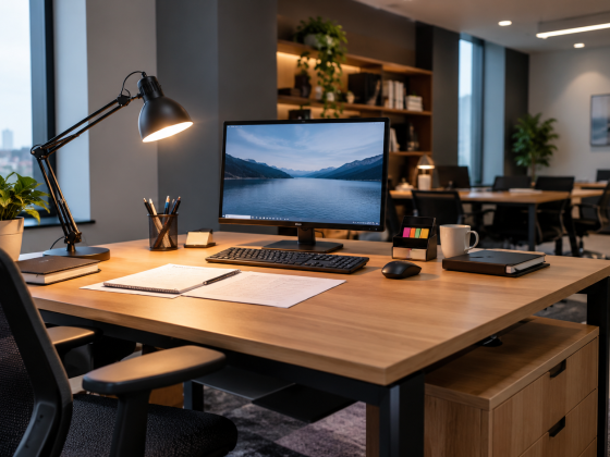 Poste informatique en chêne avec projecteur articulé, écran large et tasses