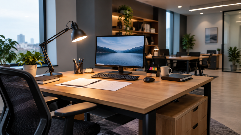 Poste informatique en chêne avec projecteur articulé, écran large et tasses