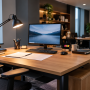 Poste informatique en chêne avec projecteur articulé, écran large et tasses