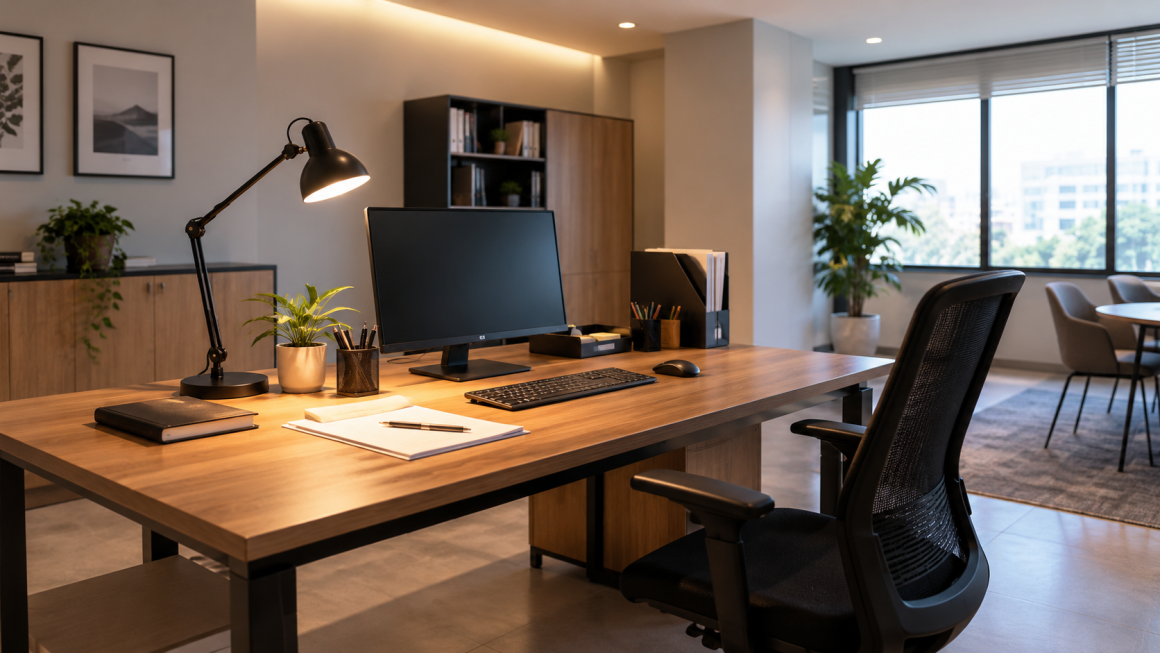 Lampe design noire allumée sur un grand plateau de table en chêne avec chaise ergonomique