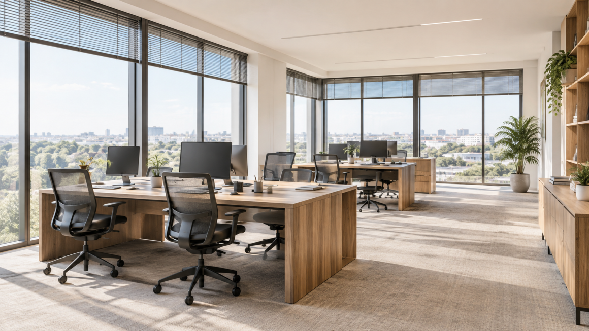 Grand bureau professionnel baigné de lumière naturelle avec de larges baies vitrées et mobilier en bois