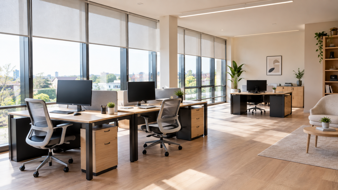 Espace de travail baigné de clarté grâce aux hautes fenêtres et luminaires suspendus