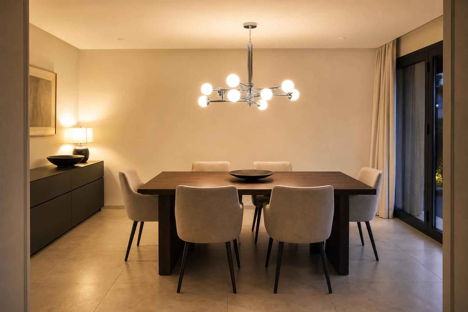 Grande salle à manger contemporaine avec un lustre chromé à plusieurs ampoules sphériques