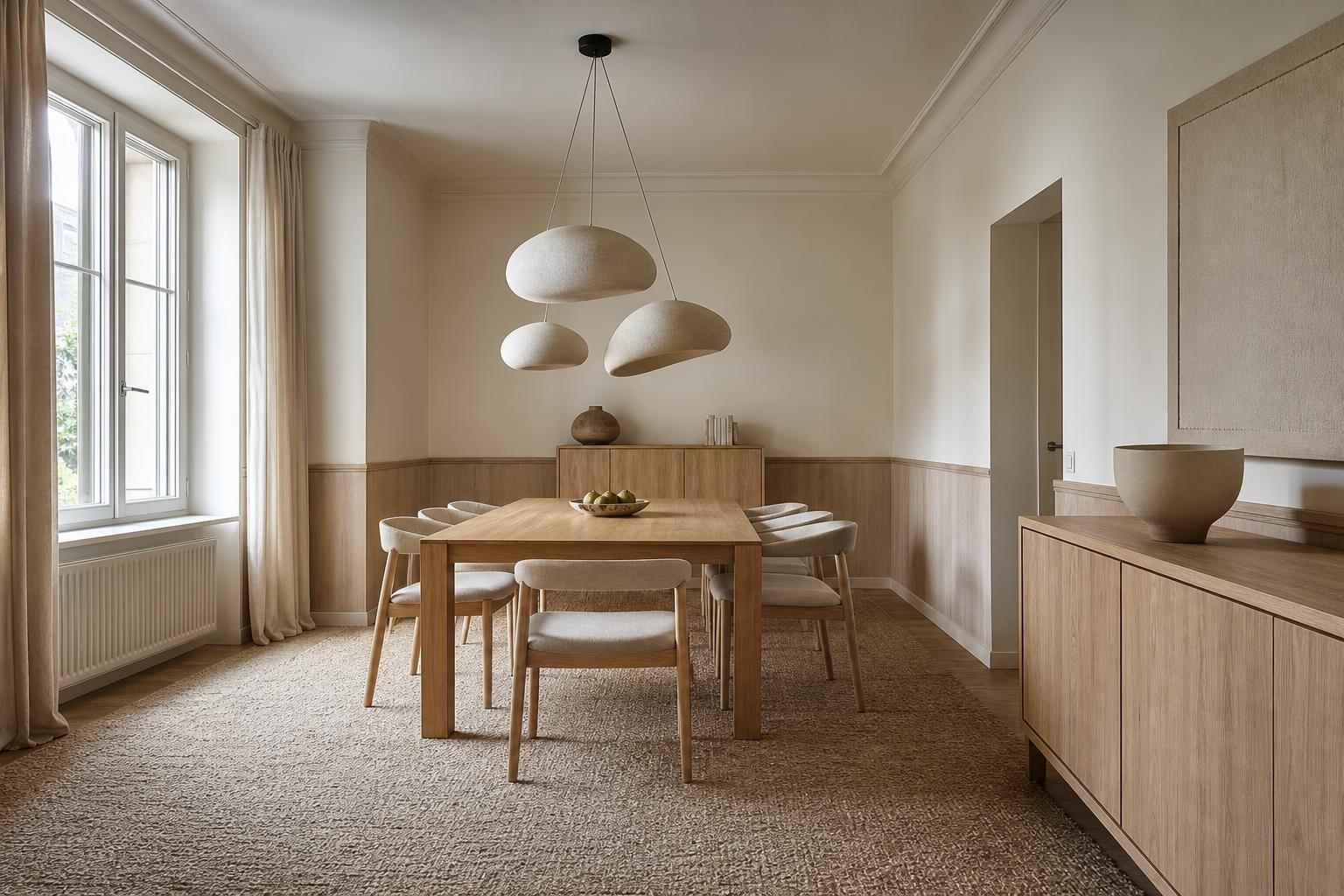 Salle à manger épurée aux tons beige et bois clair, illuminée par un luminaire tendance 2027 sculptural aux formes organiques