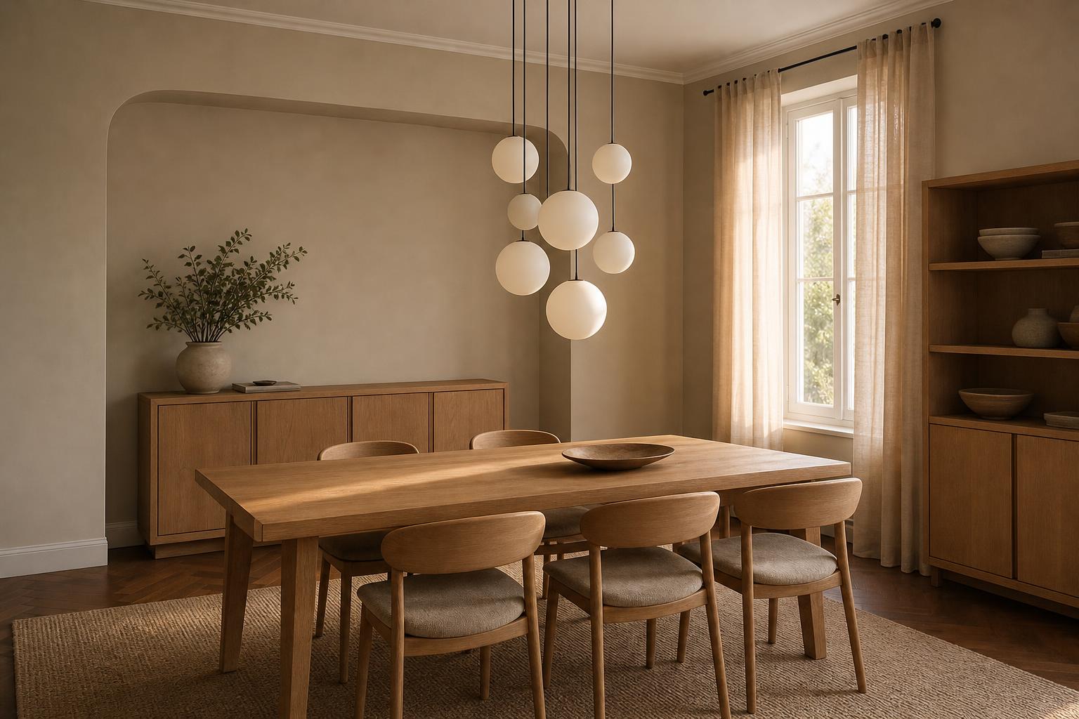 Salle à manger aux nuances neutres dotée d'une suspension sphérique composée et d'une table rectangulaire en chêne