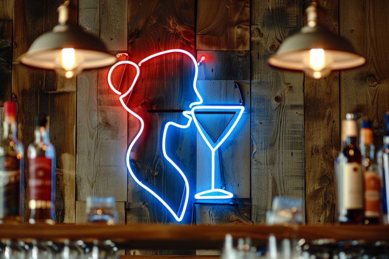 Gros plan sur un néon bar représentant une silhouette féminine et un verre à cocktail, fixé sur un mur en lattes de pin