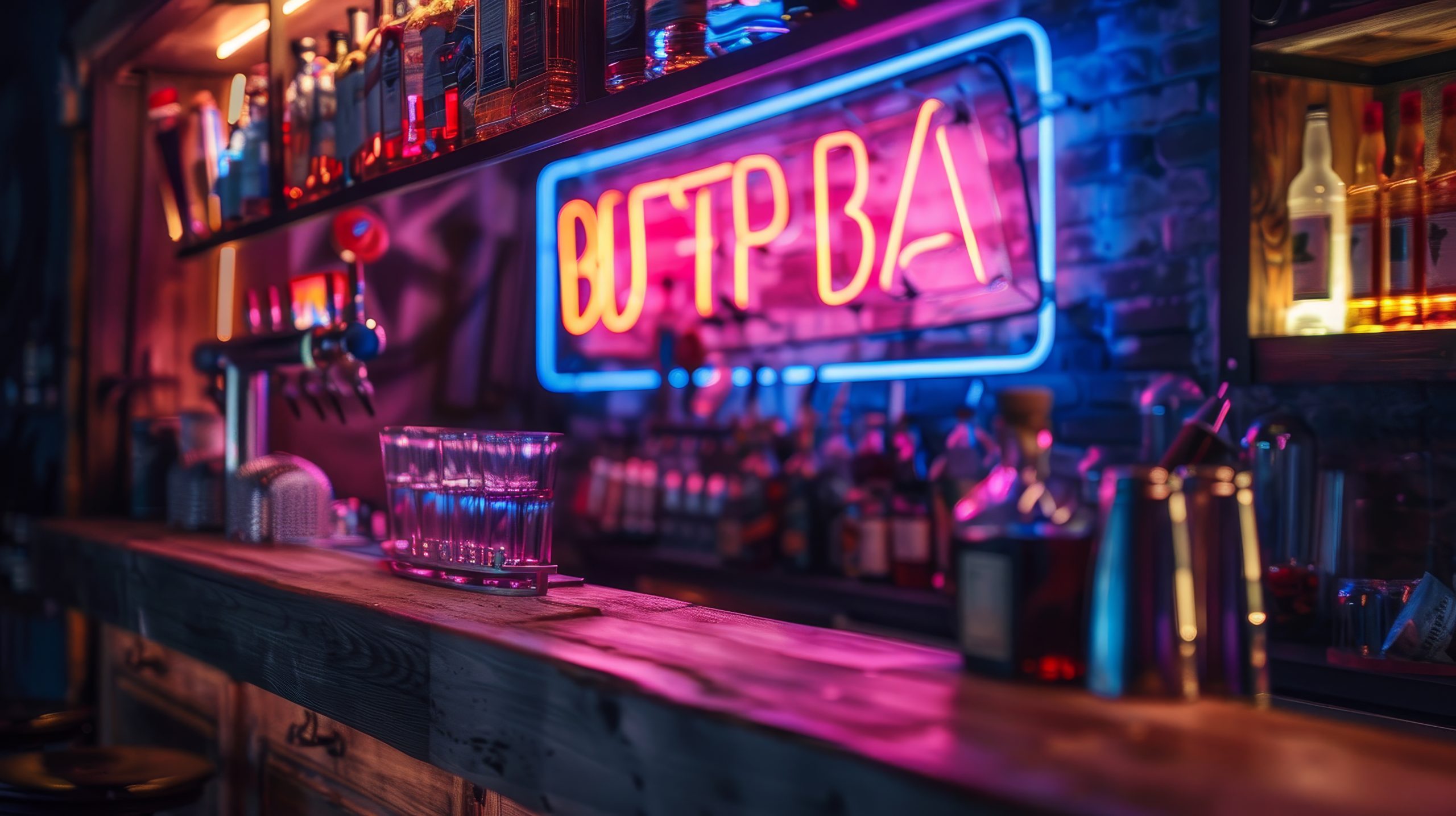 Comptoir en bois rustique éclairé par une enseigne lumineuse colorée et des étagères garnies de bouteilles