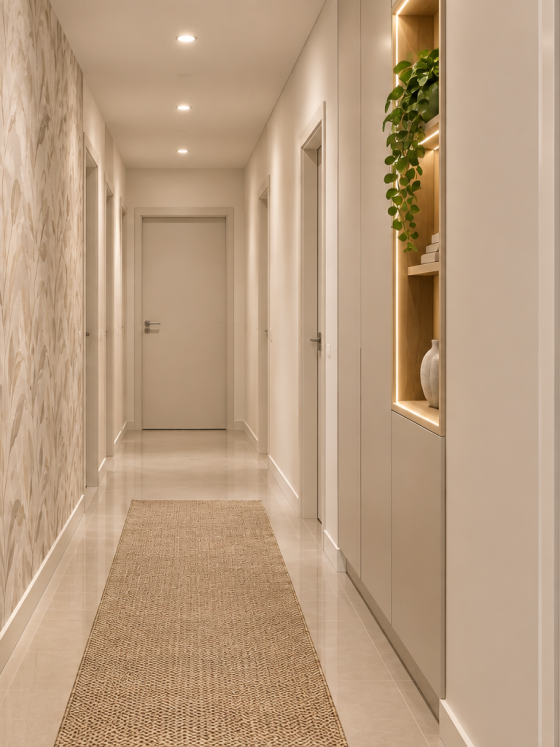 Long couloir étroit avec des murs beiges, un papier peint feuillagé et un tapis beige clair