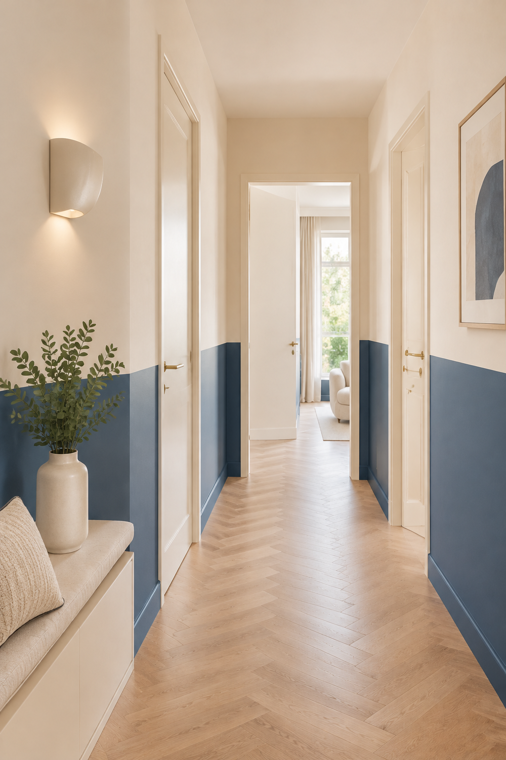 Hall de nuit aux cloisons partagées en deux tons, parquet chevron et applique demi-cylindre