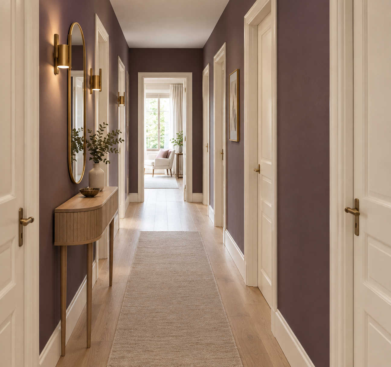 Vaste entrée pourvue de cloisons aubergine satinées et d'un parquet clair
