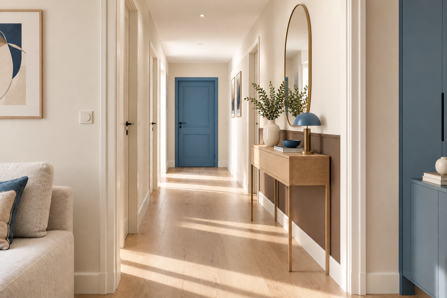 Couloir lumineux aux murs bicolores crème et chocolat, desservant une porte bleue
