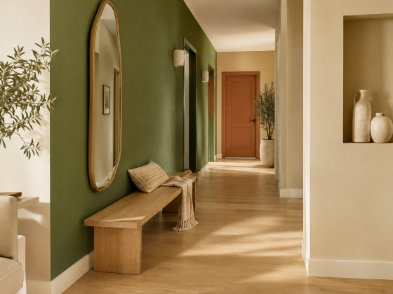 Passage avec mur vert olive, long banc en chêne et porte terracotta au fond