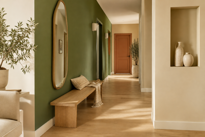 Passage avec mur vert olive, long banc en chêne et porte terracotta au fond
