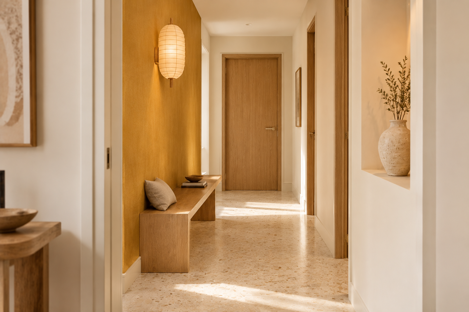 Couloir baigné de lumière avec un mur ocre texturé, un banc minimaliste et un luminaire cylindrique en papier