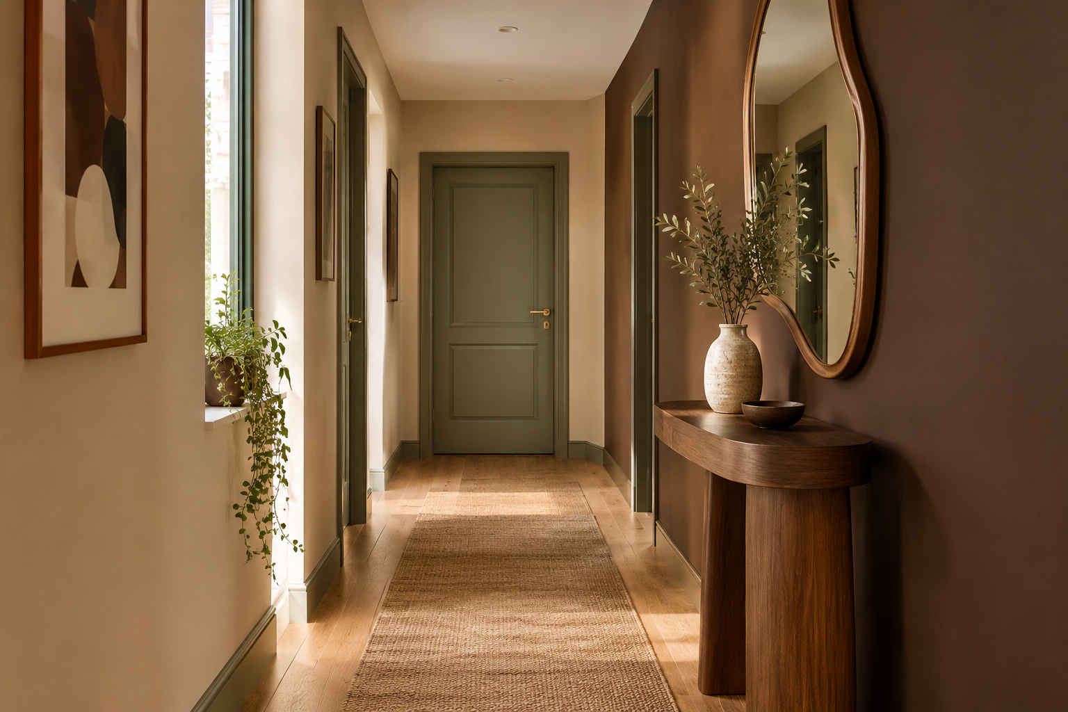 Peinture couloir tendance aux teintes beiges et marron avec console en bois et miroir organique