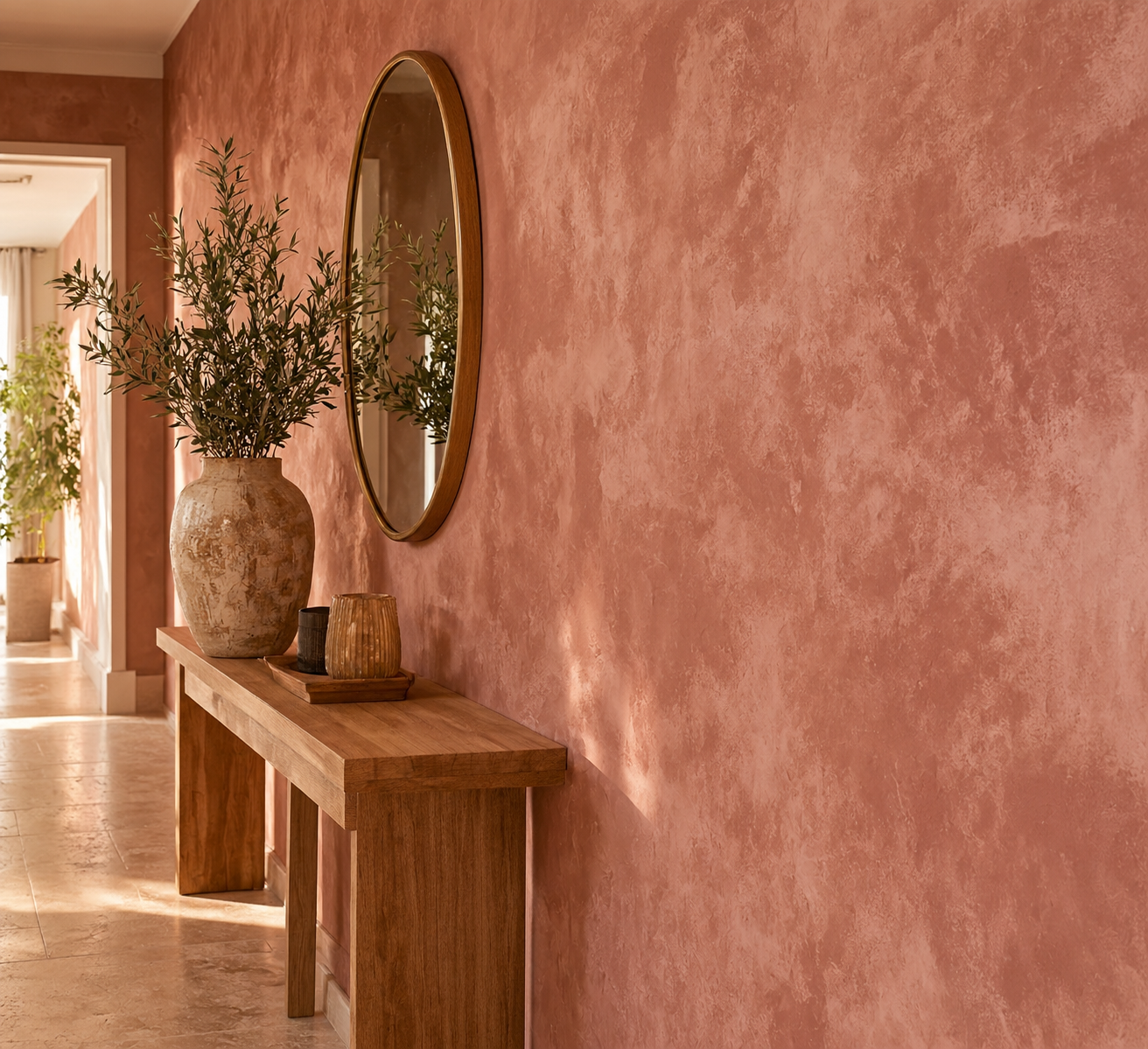Enduit mural rose poudré texturé, console en chêne, miroir ovale et vase feuillu