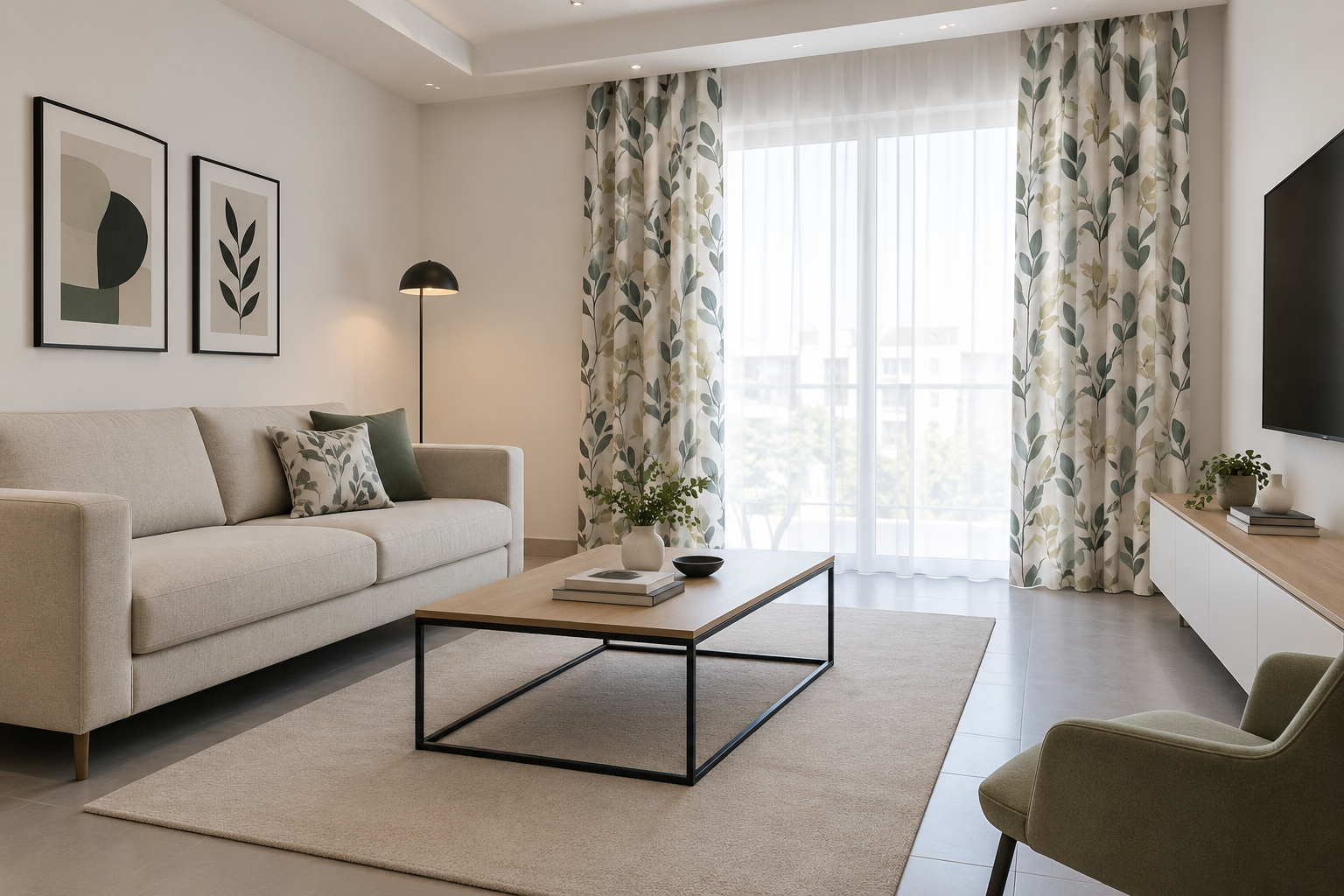 Salon moderne beige et vert lumineux doté de grands rideaux à motifs botaniques et d'un canapé clair