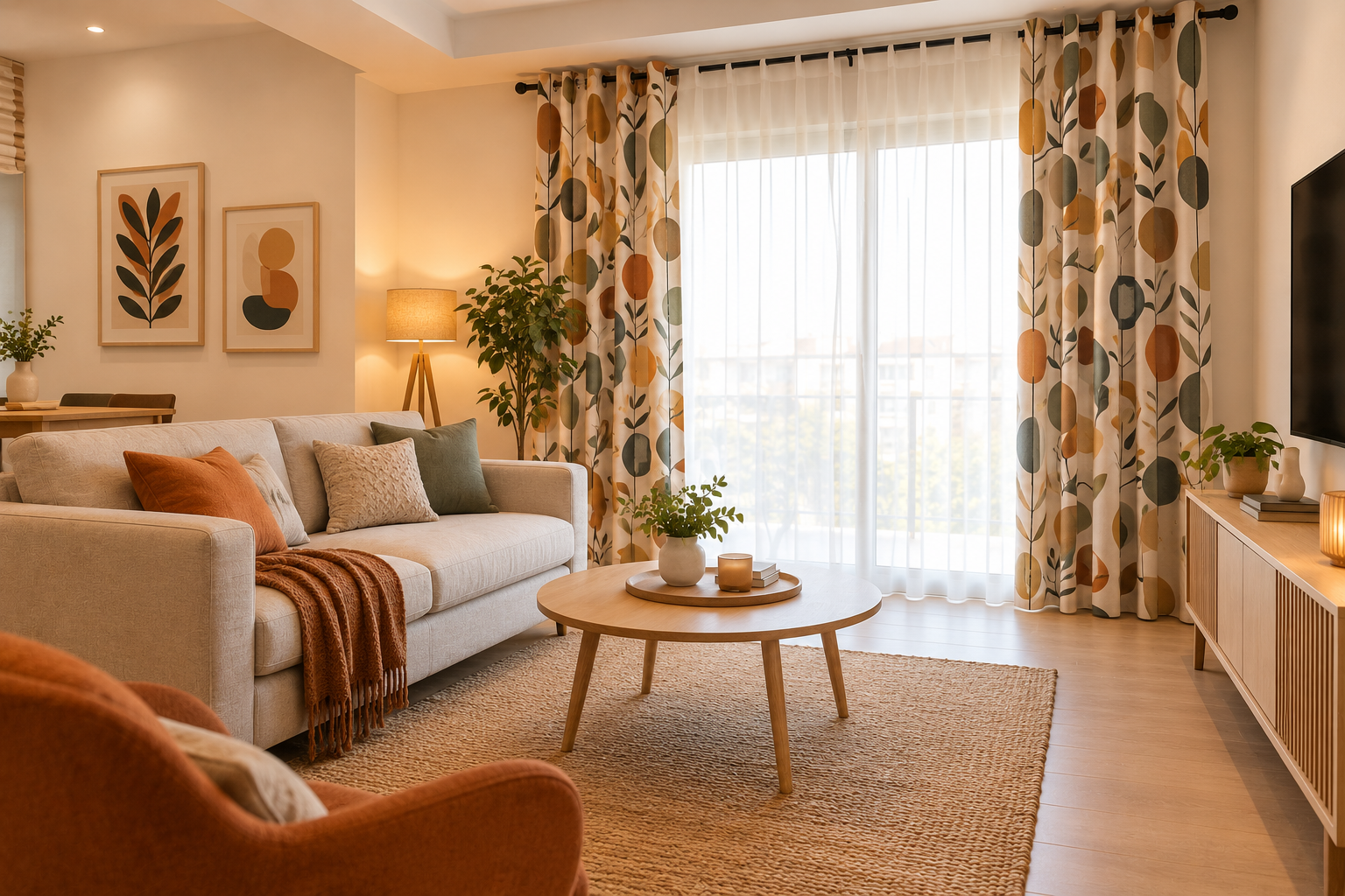 Salon chaleureux avec des rideaux à motifs colorés et un canapé beige clair