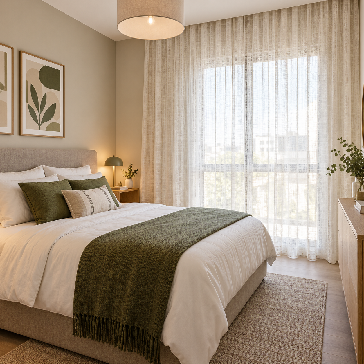 Chambre lumineuse avec des rideaux tendance légers, lit aux accents verts et murs beiges