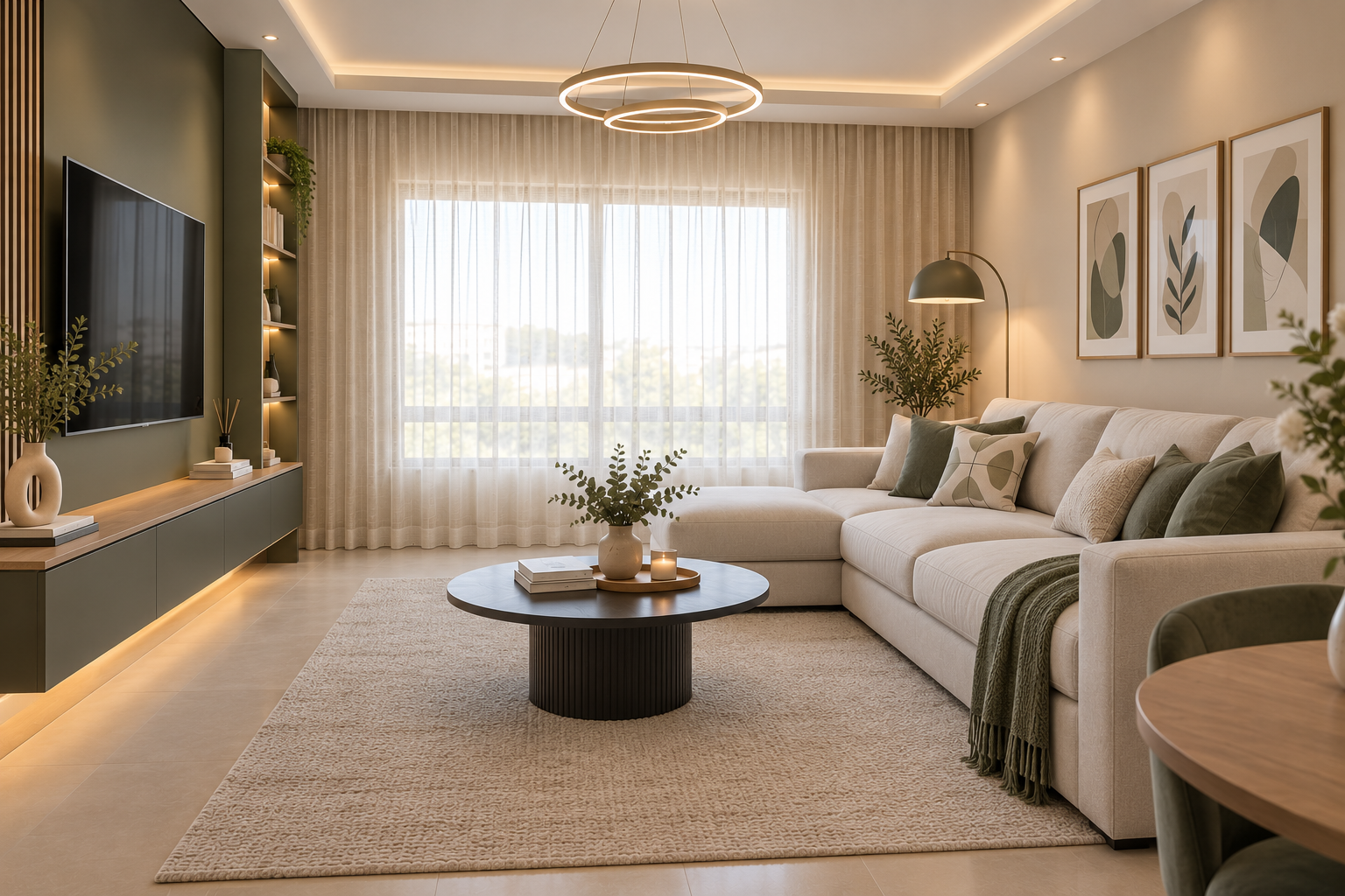 Voilages blancs légers sur de grandes fenêtres dans un salon beige et vert