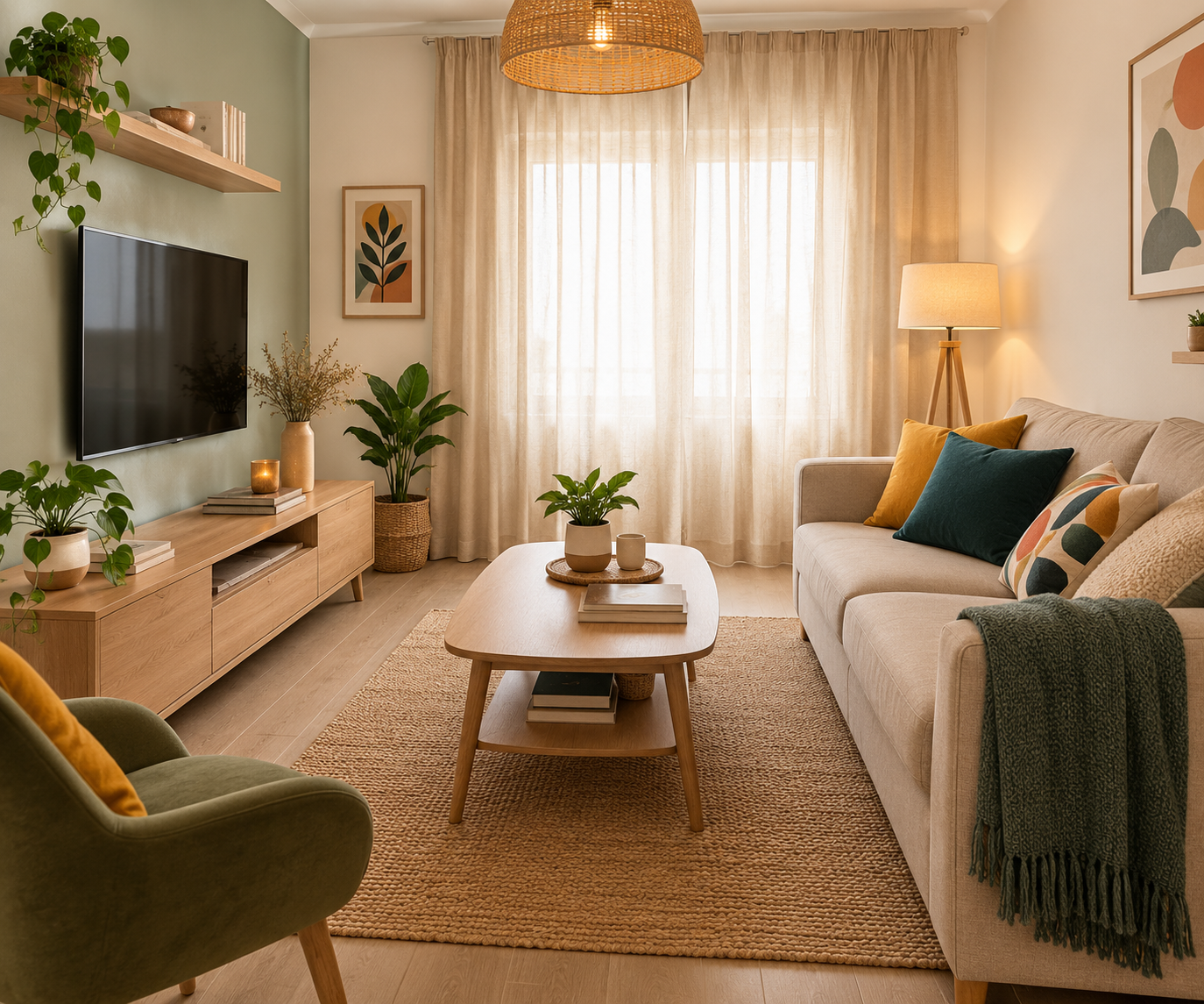 Salon chaleureux aux rideaux beiges texturés, meuble TV en bois clair et canapé beige