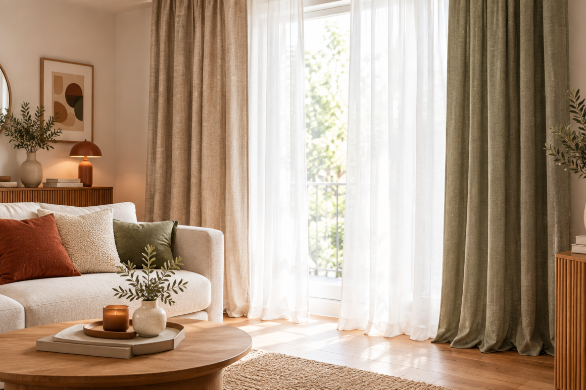 Salon lumineux avec des rideaux tendance beige et vert kaki suspendus devant une grande fenêtre