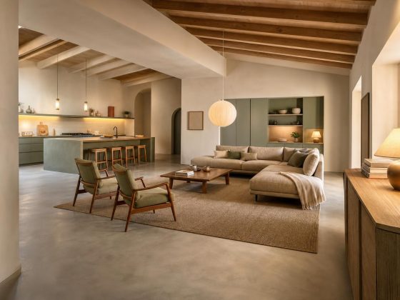 Pièce de vie décloisonnée avec canapé d'angle, table basse basse et fauteuils en tissu vert olive