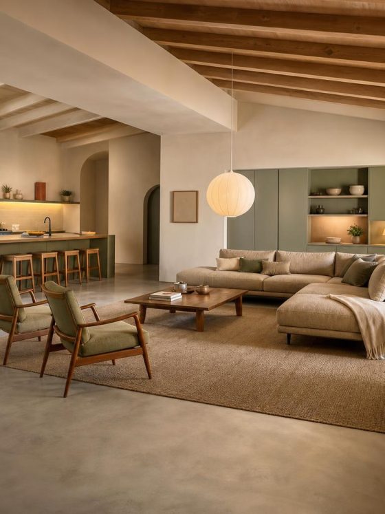 Pièce de vie décloisonnée avec canapé d'angle, table basse basse et fauteuils en tissu vert olive