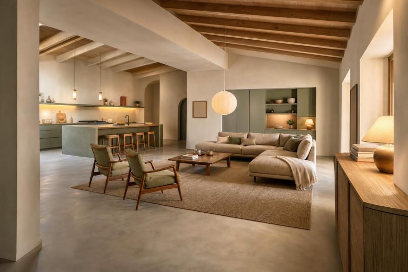 Pièce de vie décloisonnée avec canapé d'angle, table basse basse et fauteuils en tissu vert olive