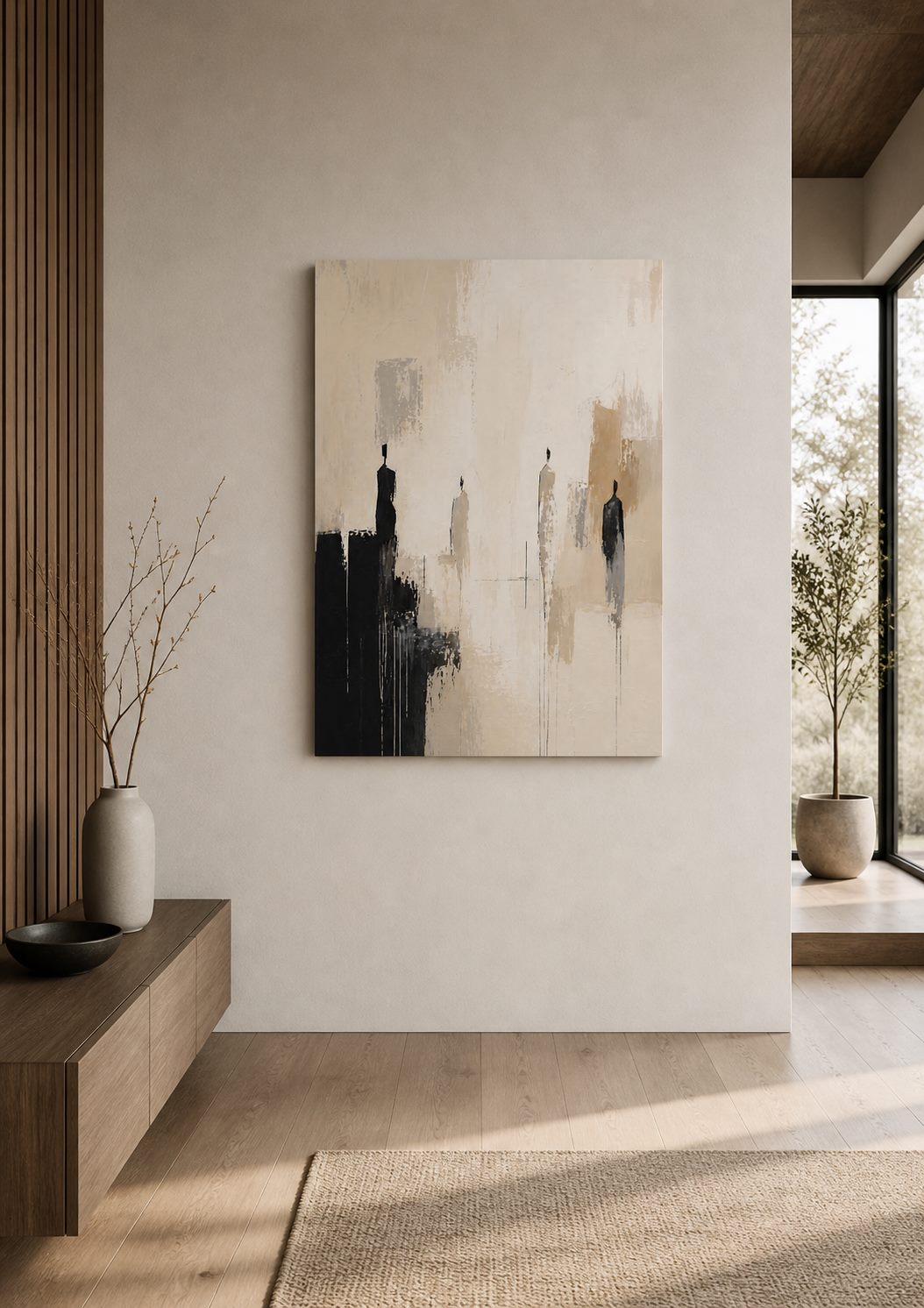Grandes toiles abstraites aux silhouettes sombres suspendues sur un mur beige minimaliste