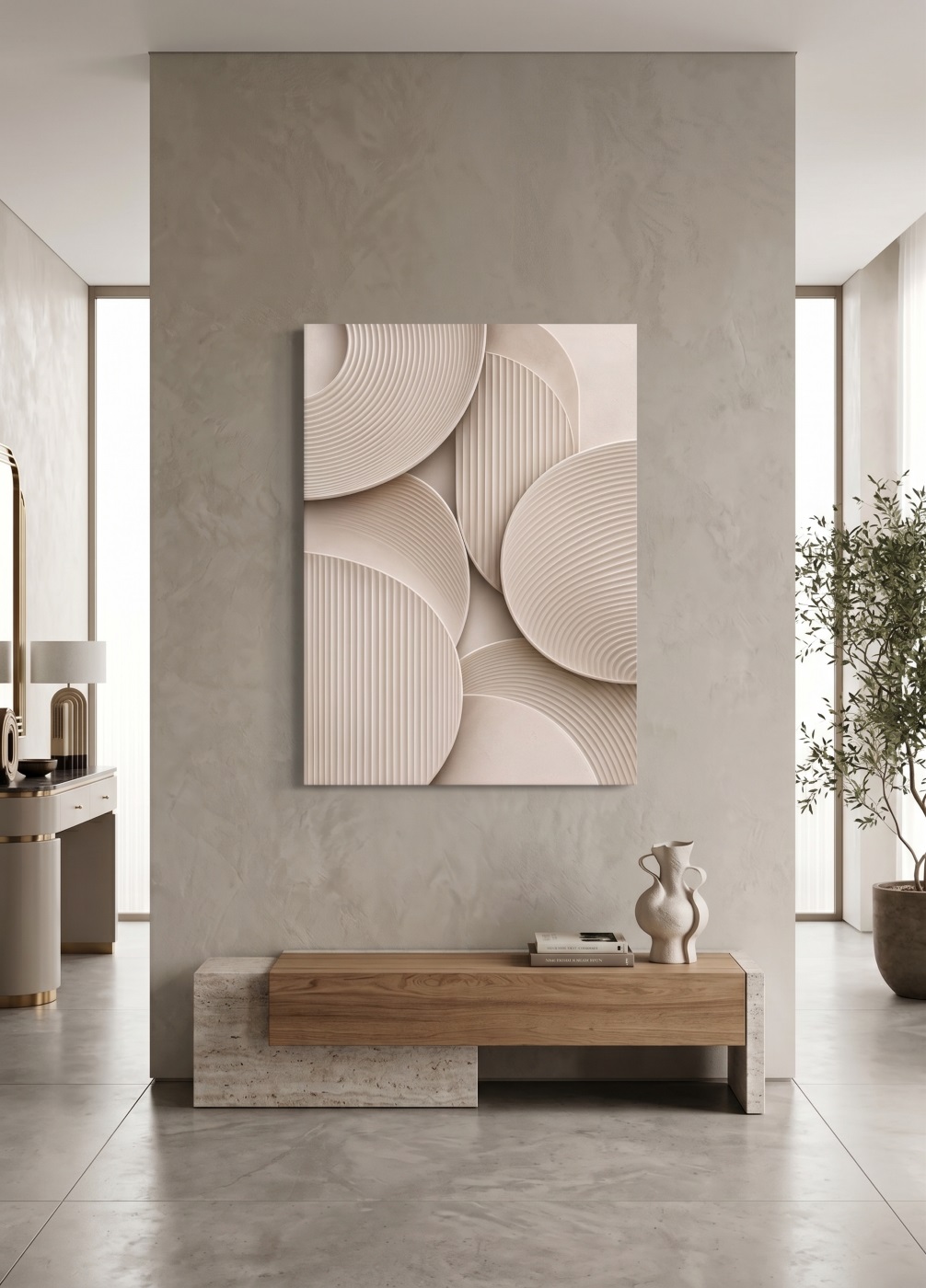 Grand tableau en relief aux formes géométriques circulaires, accroché sur un mur en béton ciré dans un salon épuré