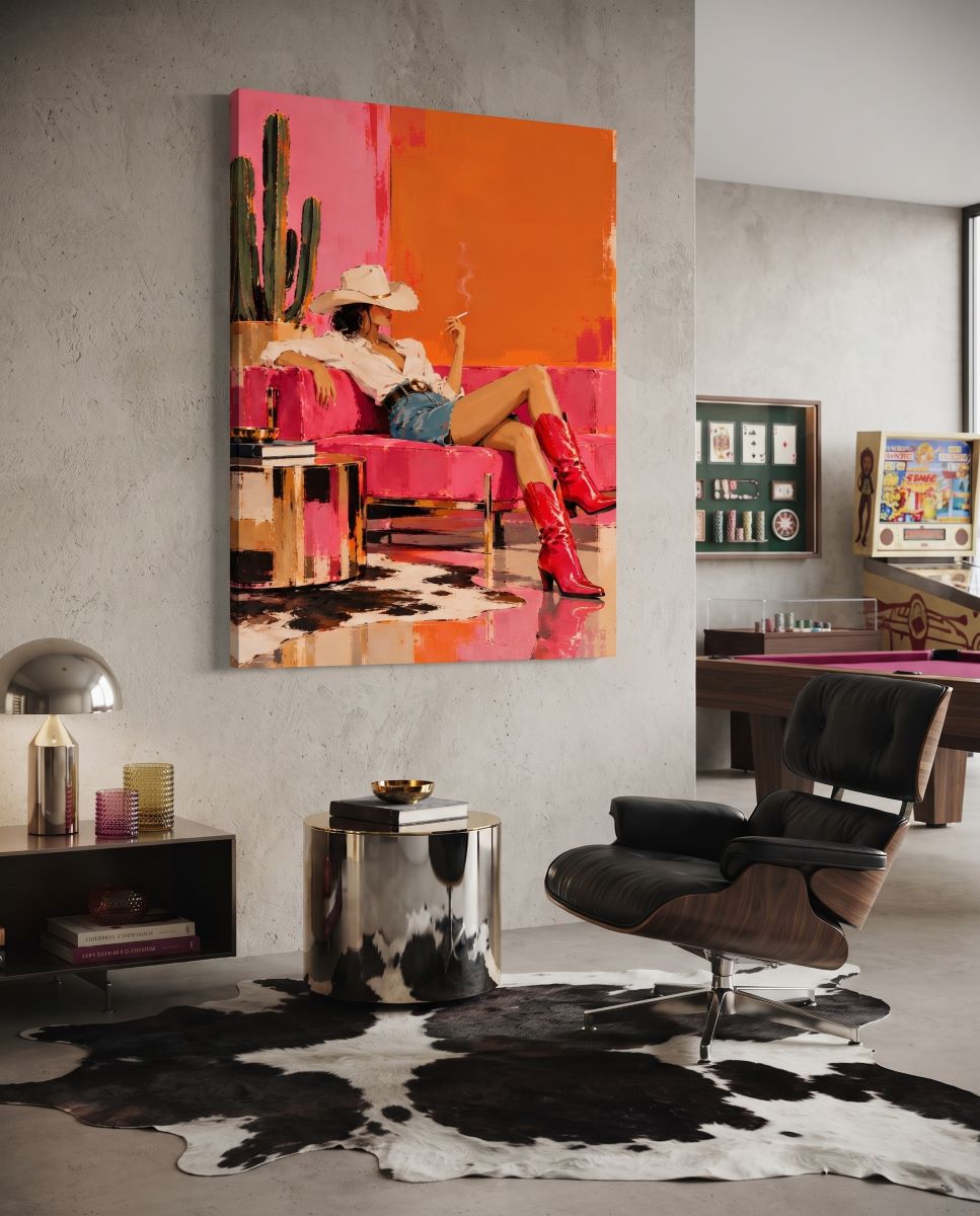 Tableau moderne, design ou contemporain représentant une femme en cow-boy sur fond coloré