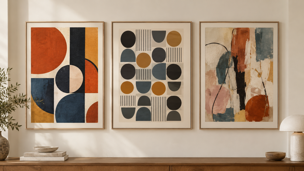 Trois tableaux abstraits colorées sur mur