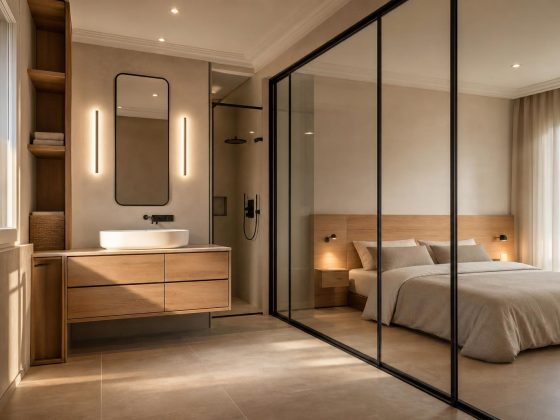 Salle de bain ouverte sur chambre avec cloison vitrée, meuble bois clair et douche noire encastrée