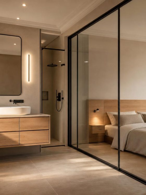 Salle de bain ouverte sur chambre avec cloison vitrée, meuble bois clair et douche noire encastrée