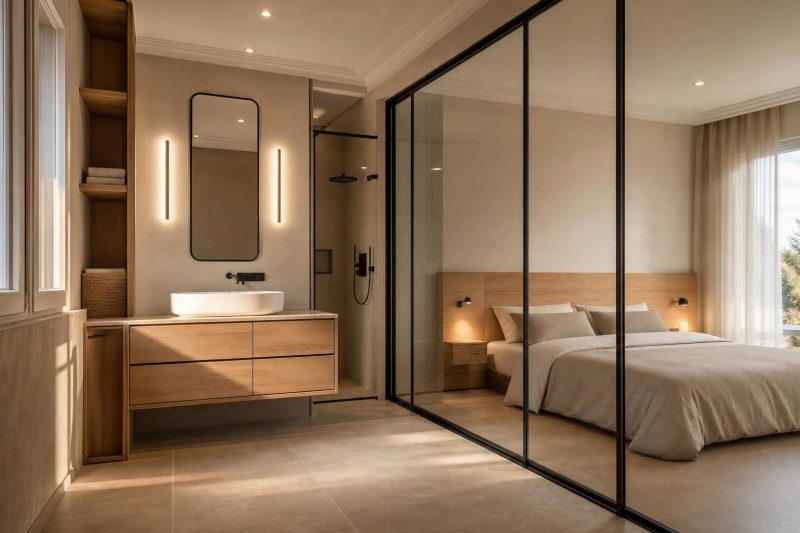 Salle de bain ouverte sur chambre avec cloison vitrée, meuble bois clair et douche noire encastrée