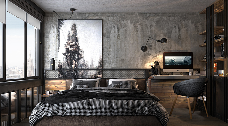 industrial-bedroom-with-concrete-wall